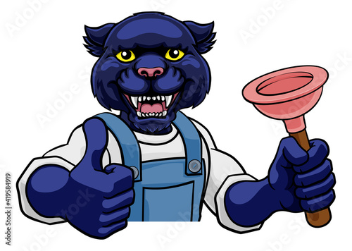 A panther plumber cartoon mascot holding a toilet or sink plunger peeking round a sign giving a thumbs up