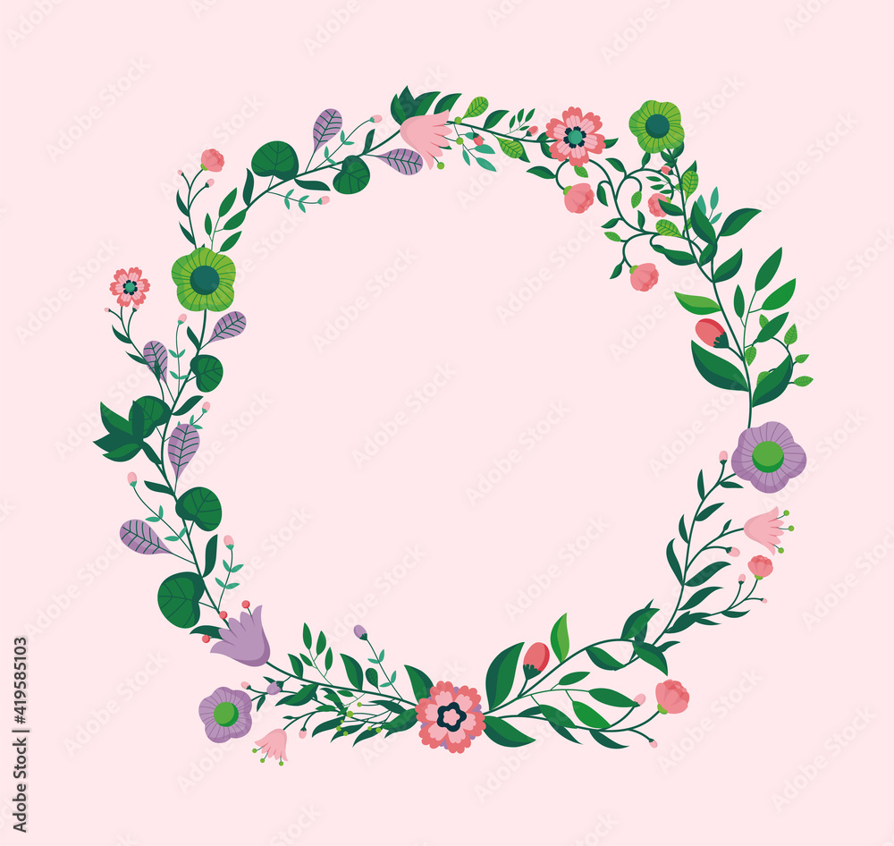 Flower wreath vector illustration - Beautiful flowers in oval frame with pink background.