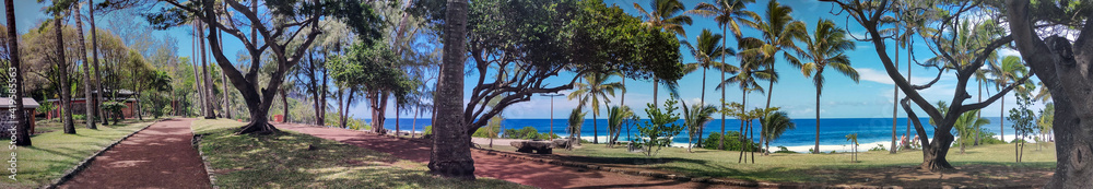 Large Panorama of Grand Anse Reunion Beach visitors pathways Large Panorama of Grand Anse Reunion Beach visitors pathways