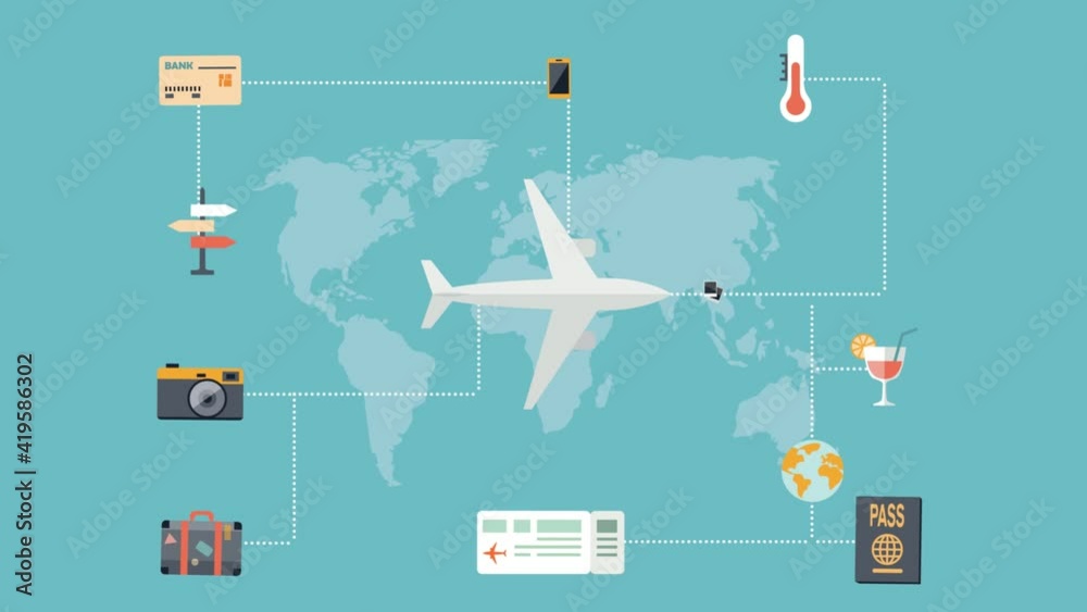 What to pack for a vacation. Items to take on the go. Airplane with icons. Animated illustration