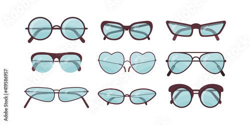 Accessory sun spectacles vector set. Collection of colorful sunglasses. Summer eyeglasses.