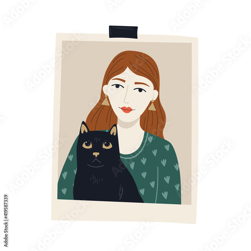 Photo card with girl and black cat. Vector cute character design. Happy pets owner