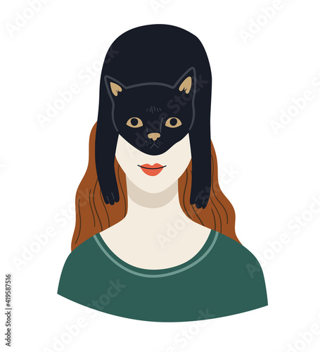 Black cat on the girl's head. Happy pet owners. Cute vector character design illustration