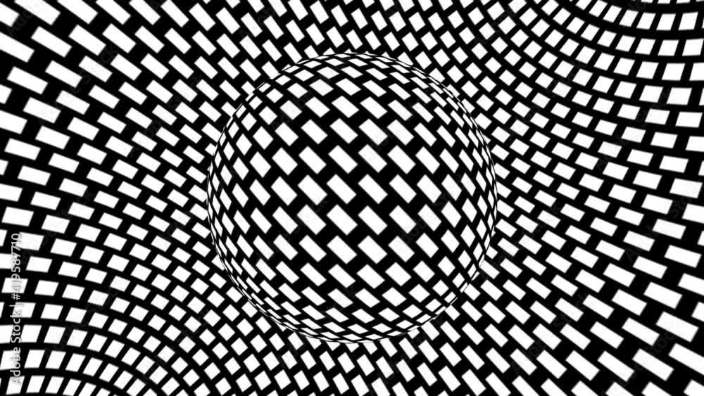 Black and white monochrome optical illusion with geometric pattern, surreal hypnotic seamless looping motion background, psychedelic trendy decorative unreal illusory delusion 3d render animation