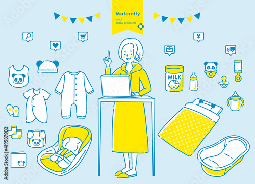 ノートパソコンでベビー用品を買い物する若い妊婦