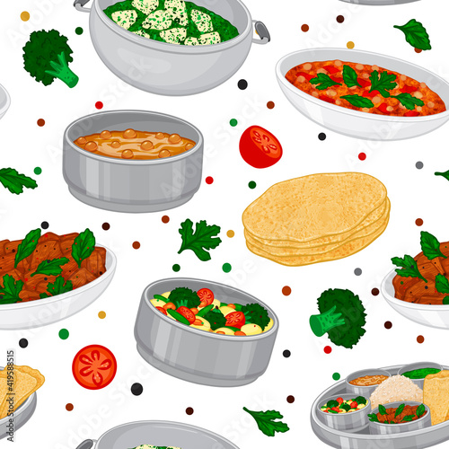 seamless pattern from indian meals. thali, sabji, chapati, dhal, tikka masala. Vector illustration. Cartoon style.