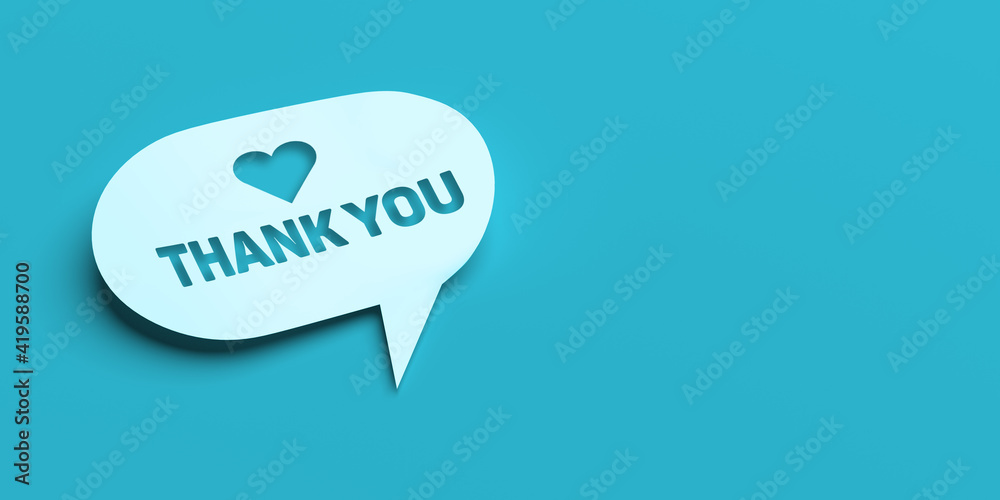 3D rendered chat bubble concept: Isolated white bubble on blue background with copy space. Heart shape symbol with text THANK YOU. Graphic design illustration 3D rendered chat bubble concept: Isolated white bubble on blue background with copy space. Heart shape symbol with text THANK YOU. Graphic design illustration
