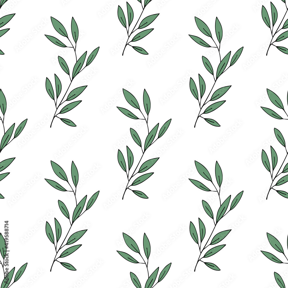 Botanical seamless pattern. Hand drawn branches with green leaves. Vector background