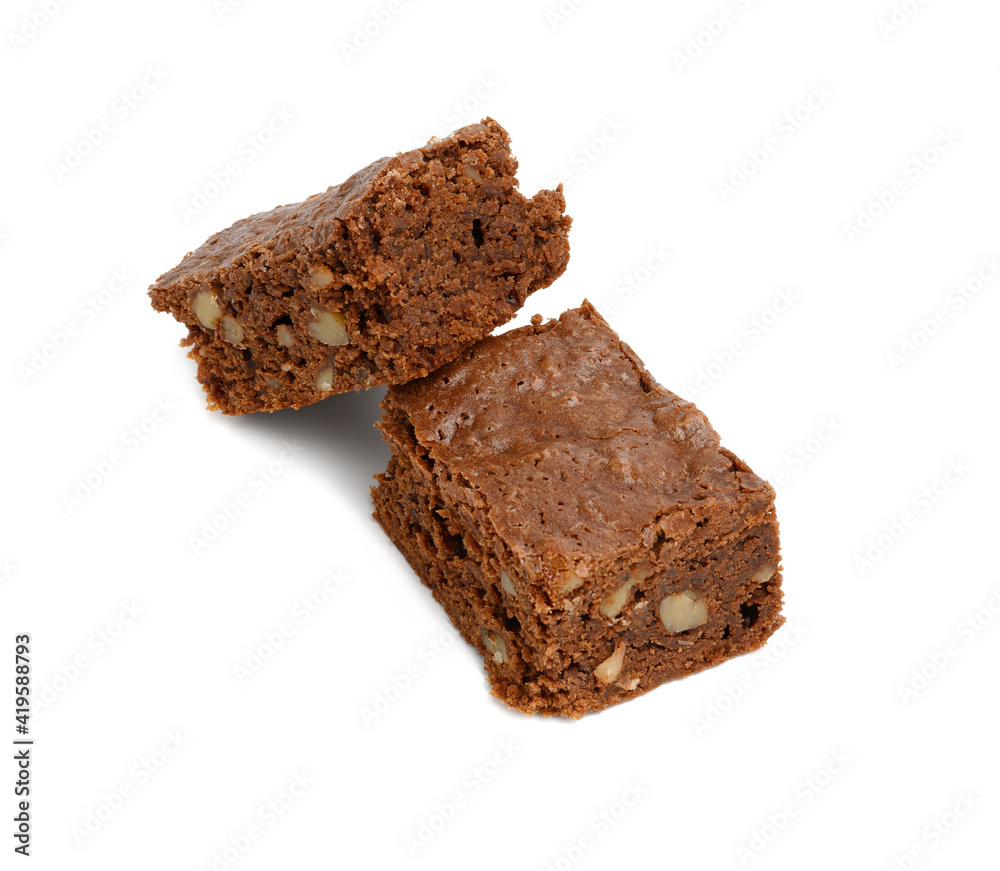 two baked chocolate brownie pie slices isolated on white background two baked chocolate brownie pie slices isolated on white background