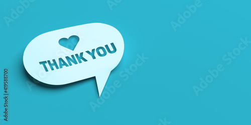 3D rendered chat bubble concept: Isolated white bubble on blue background with copy space. Heart shape symbol with text THANK YOU. Graphic design illustration