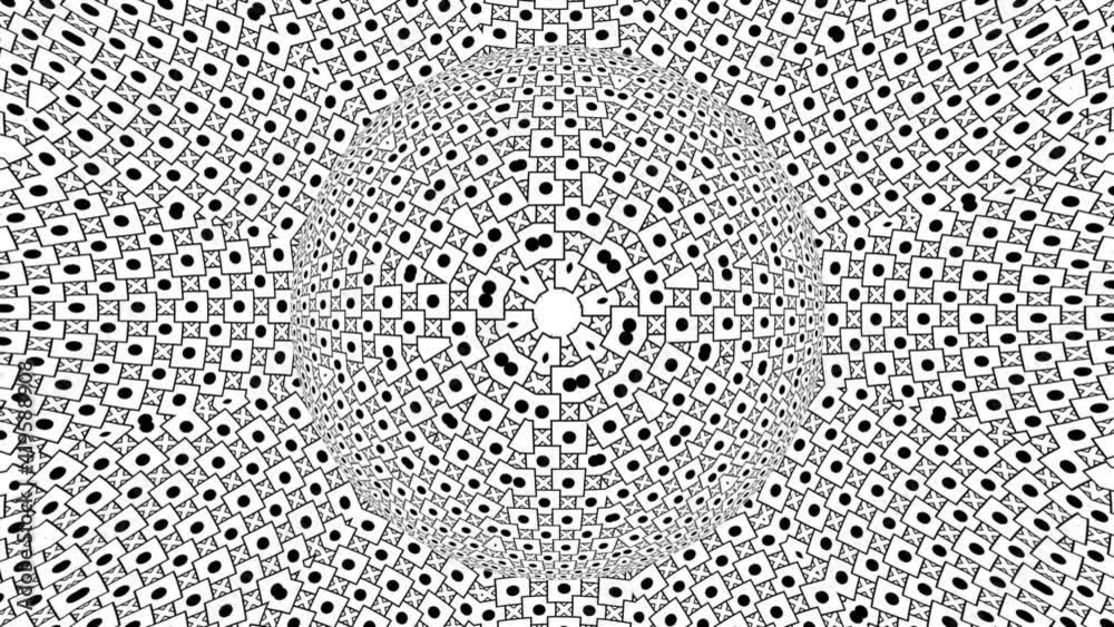 Black and white monochrome optical illusion with geometric pattern, surreal hypnotic seamless looping motion background, psychedelic trendy decorative unreal illusory delusion 3d render animation Black and white monochrome optical illusion with geometric pattern, surreal hypnotic seamless looping motion background, psychedelic trendy decorative unreal illusory delusion 3d render animation