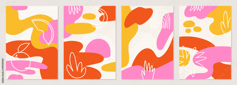 Set of posters with elements of fruits, plants and abstract shapes, modern graphic design. Liquid abstract shapes. Perfect for social media, poster, cover, invitation, brochure. Isolated vector