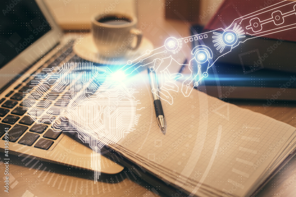 Double exposure of brain drawing and desktop with coffee and items on table background. Concept of research. Double exposure of brain drawing and desktop with coffee and items on table background. Concept of research.