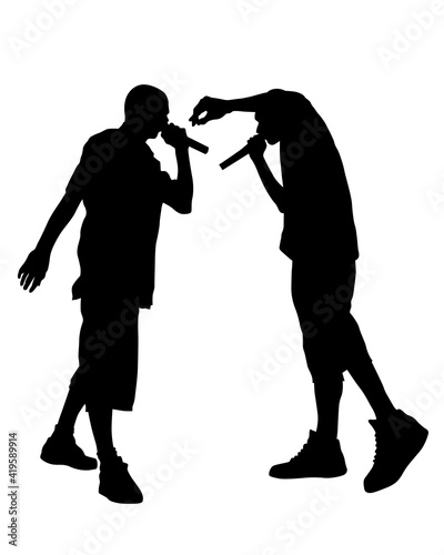 Young man with a microphone reads a rap. Stylized image on theme of hip hop