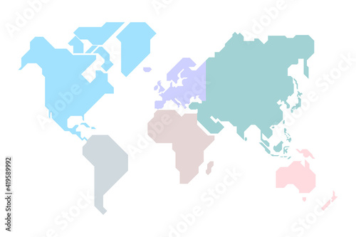 Simplified world map drawn with sharp straight lines  different colors for each continent 