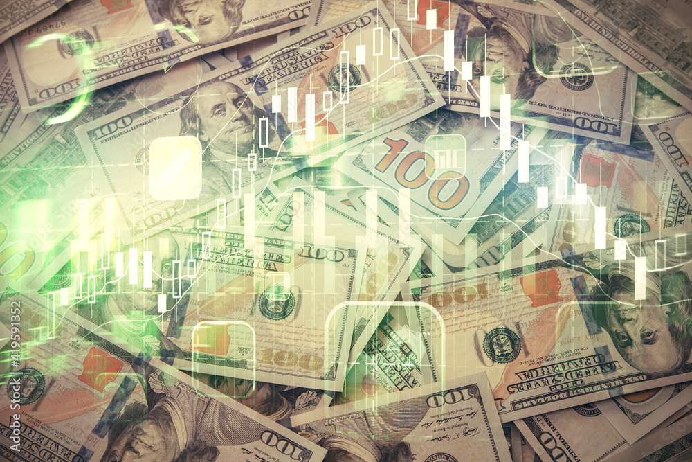 Multi exposure of forex chart drawing over us dollars bill background. Concept of financial success markets. Multi exposure of forex chart drawing over us dollars bill background. Concept of financial success markets.