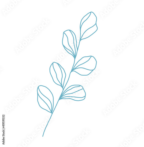 Vector blue line art leaves branch clipart isolated on white background. Subtle botanical illustration. Trendy floral design element for wedding, cards, invitations, greetings, and decoration.