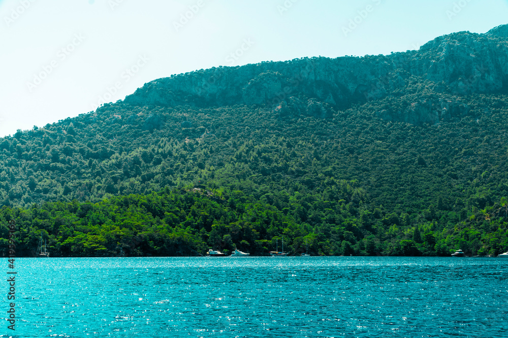 Summer concept: Many sailing boats and luxury yachts anchored with distance at the Aegean sea. Turquoise sea and green forest background. Natural photo with copy space. No people