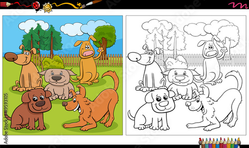 cartoon dogs and puppies group coloring book page