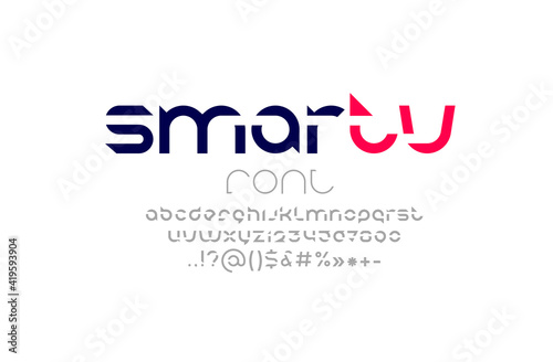 Technical font, modern original alphabet, trendy lowercase Latin letters from A to Z and Arab numbers from 0 to 9, vector illustration 10EPS