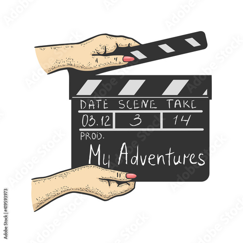 Movie clapperboard in hands color sketch engraving vector illustration. T-shirt apparel print design. Scratch board style imitation. Hand drawn image.
