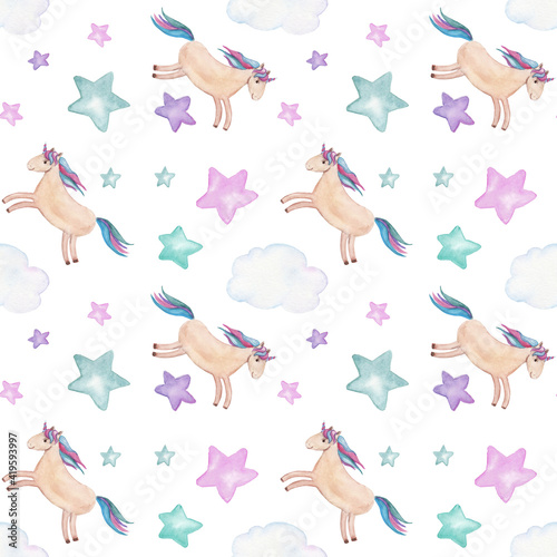 Seamless background with unicorns stars and clouds isolated on white background