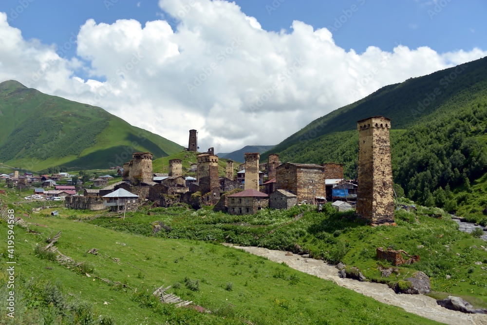 Ushguli Svan Towers in the Svaneti region, defensive stone villages in the Caucasus