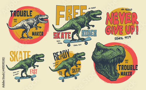 Vintage typography t-shirt graphics with trex, vector set.