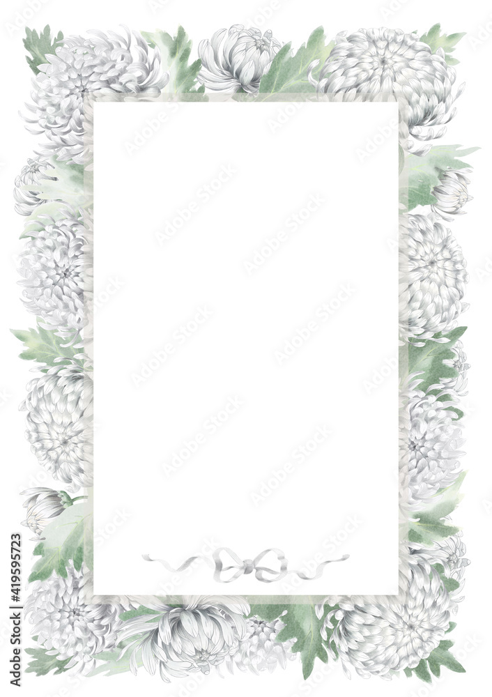 Floral frame made of white chrysanthemus with leaves. Gift card, wedding invitation concept. Botanic and watercolour illustration.