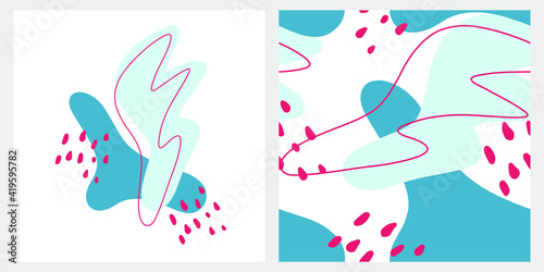 Set of poster ans seamless pattern in the same blue, light blue and pink colors. Abstract collection