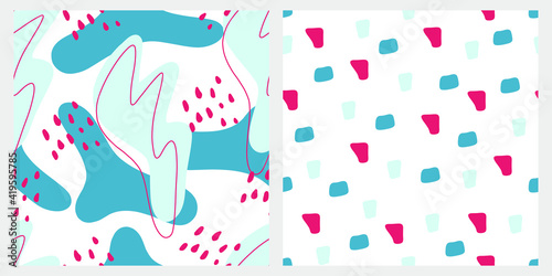 Two seamless pattern in the same color palette, pink and blue colors. Collection of abstract patterns