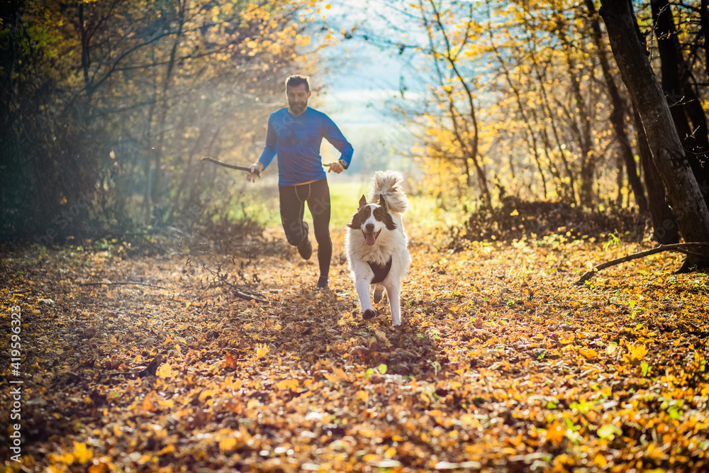 trail runner and his dog running trail runner and his dog running