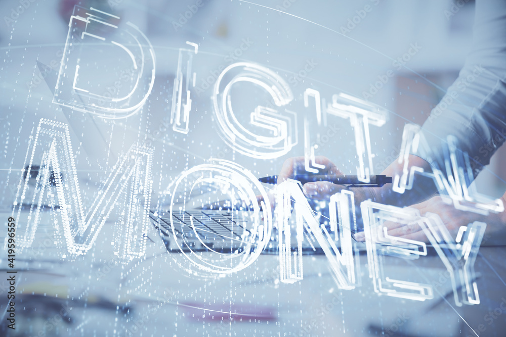 Double exposure of woman hands typing on computer and crypto market theme hologram drawing. Blockchain concept. Double exposure of woman hands typing on computer and crypto market theme hologram drawing. Blockchain concept.