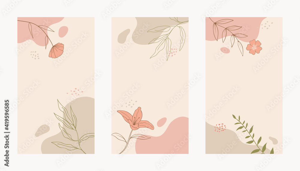 Fototapeta Social media story abstract floral template. Trendy minimal organic background. Vector floral beauty backdrop