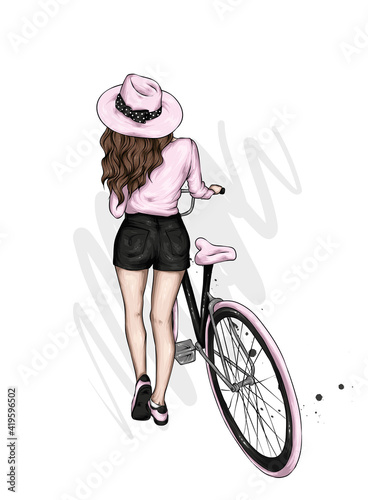 A girl in a hat, shorts and with a bicycle. Fashion and style, clothing and accessories. Vector illustration. 