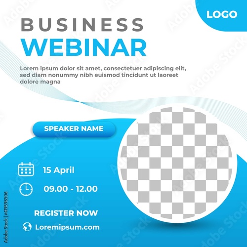 Webinar social media post template design. Blue and white background color with abstract shape line. Suitable for social media, banners, and web internet ads. Vector design with place for the photo.