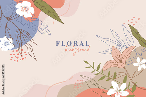 Abstract floral template background. Trendy minimal organic banner. Vector floral beauty backdrop pastel colors