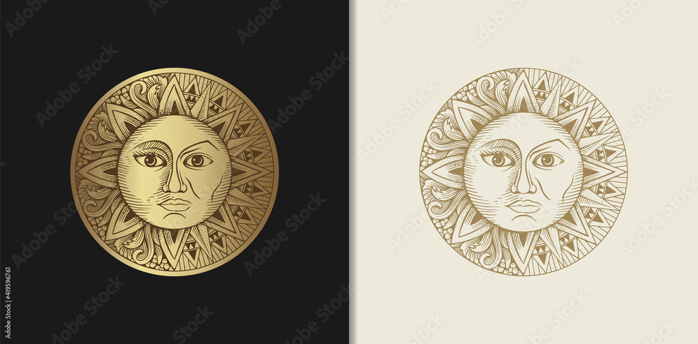 Sun and moon which has two faces with engraving, luxury style for tarot reader, card, tattoo and poster