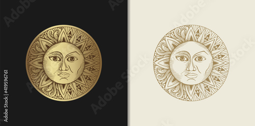 Sun and moon which has two faces with engraving, luxury style for tarot reader, card, tattoo and poster