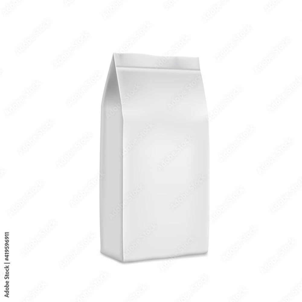 Cardboard paper packaging, bag. White package for design, coffee, salt, sugar, spices or flour. Cardboard paper packaging, bag. White package for design, coffee, salt, sugar, spices or flour.