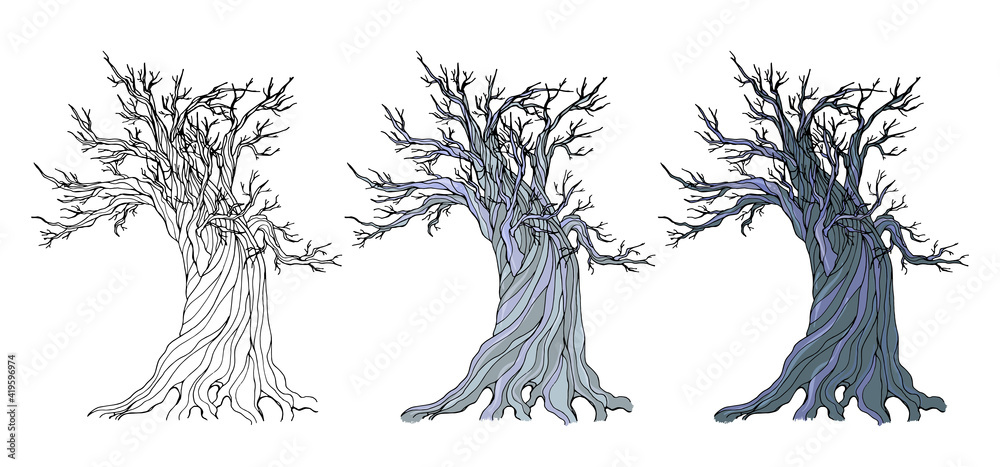 Set illustration with an old rotten mystical dead oak tree on a dark white background. Vector illustration
