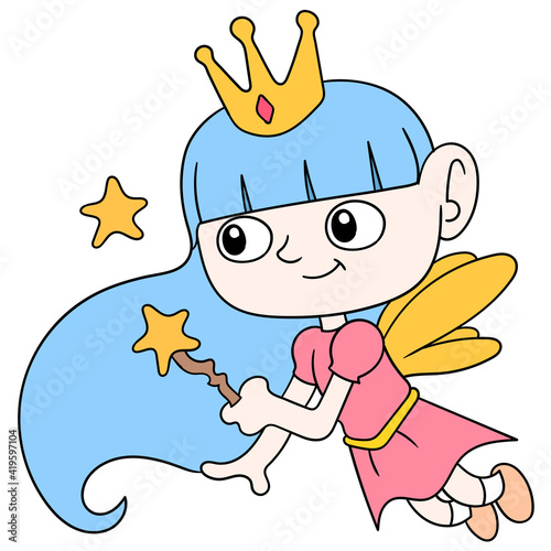 The beautiful fairy girl flies with a magic wand to fulfill your dream, doodle icon image kawaii