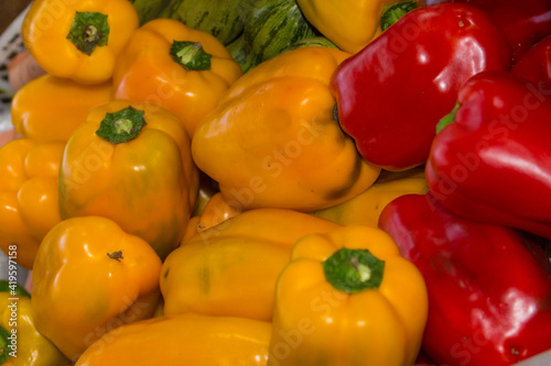 Red Pepper and Yellow Pepper (Capsicum Annuum) Sweet pepper. Chili is widely used in world cuisine for its aroma and flavor.