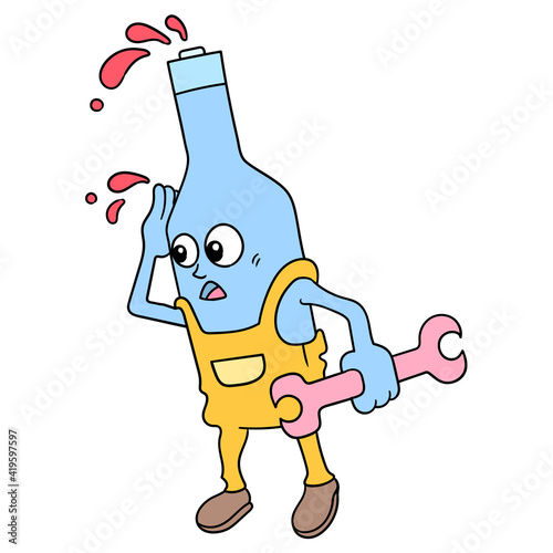a cartoon sauce bottle is carrying a wrench tool to be a vehicle repairman, doodle icon image kawaii