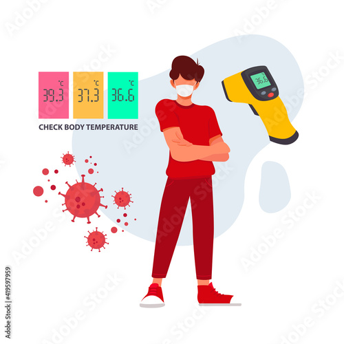 Non-contact thermometer. COVID-19. Body temperature check before entry. Coronavirus. Vector
