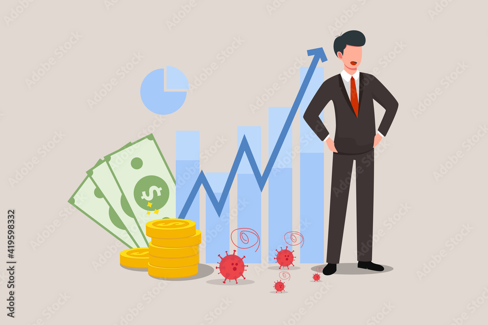 Fight to stop Coronavirus COVID-19 outbreak crisis, help save economy and business to survive in financial crisis concept, businessman government and doctor medical worker help pushing economic graph