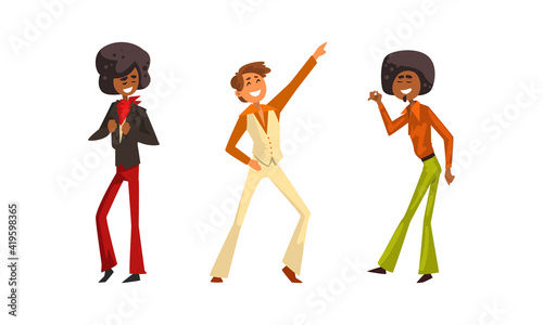 Retro Pop Musicians Set, Performer Singers Characters Wearing 70s Fashion Disco Style Clothes Cartoon Vector Illustration