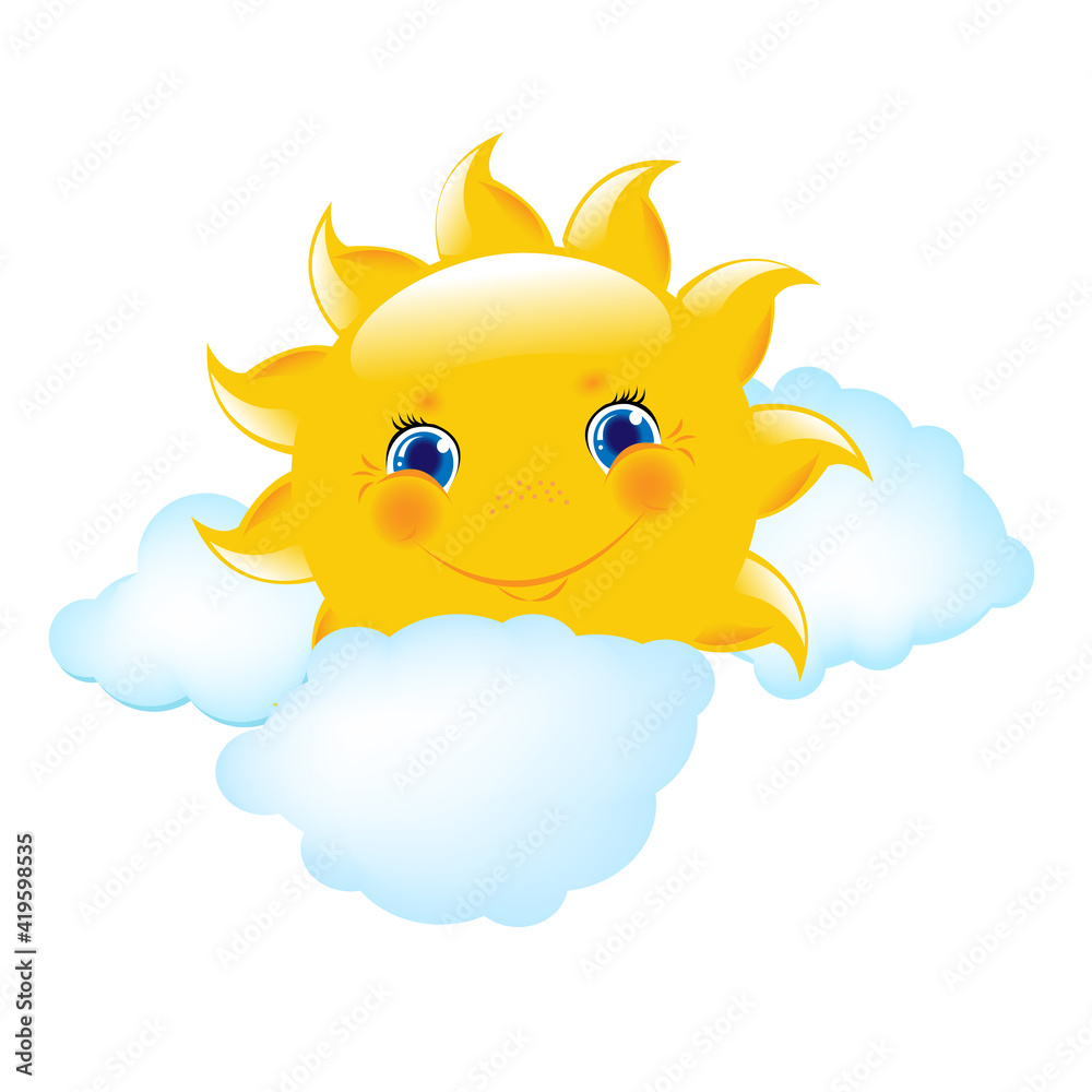 Cartoon Sun And Cloud, Vector Illustration.