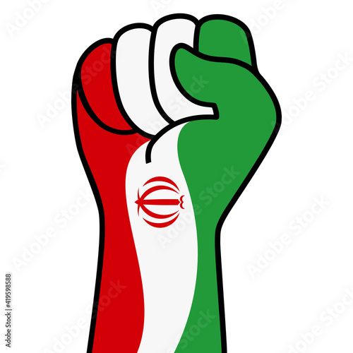 Raised fist iran flag. Iranian hand. Fist shape iran flag color. Patriotic demonstration, rebel, protest, fighting for human rights, freedom. Vector flat icon, symbol for web banner, posts