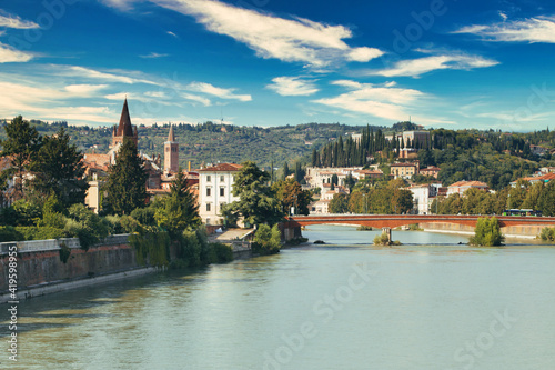 Verona, Italy - August 17, 2017: Beautiful panoramic view of the bridges of Verona. photo